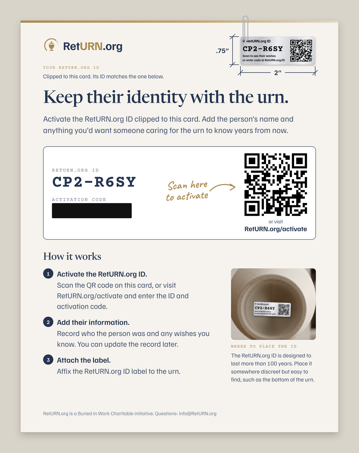 The RetURN.org activation sheet with its ID label attached, enlarged. The label shows the ID CP2-R6SY and a QR code; the sheet shows the same ID, a blacked-out activation code, a QR code to scan to activate, and the three steps.