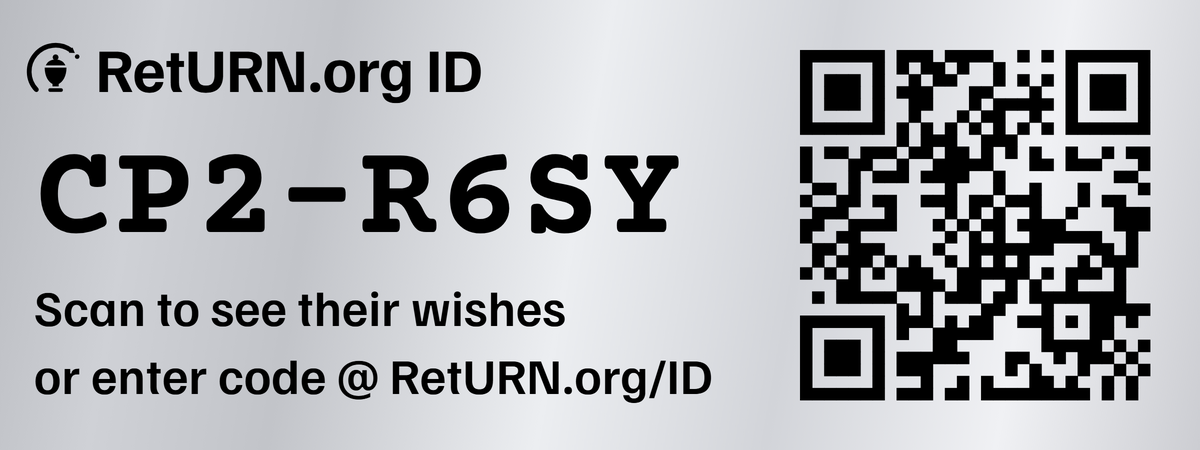 A RetURN.org ID label: black print on bare silver aluminum, showing the code CP2-R6SY, the line Scan to see their wishes or enter code at RetURN.org/ID, and a QR code.